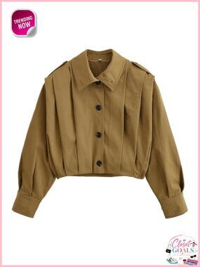 Cropped Pleated Trench Coat Short Button Down Casual Jacket